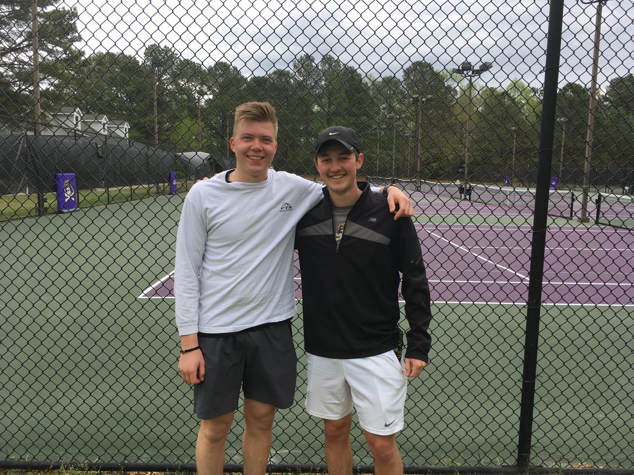 The lab took a morning field trip in April 2017 to the ECU tennis courts to eat Duck Donuts and watch our two tennis superstars battle it out. Pictured, from L-R: Sasha Kirsanov and Trey Cook.