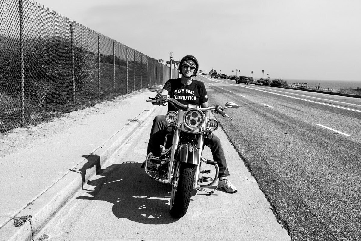   SKIP RIZZO , head of the medical VR lab of the Institute of Creative Technologies of USC on his Harley in Playa del Rey, August 2019. 