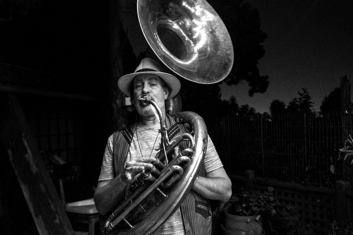   DAVID SILVERMAN,  animator and director, involved with The Simpsons since 1987, director of The Simpsons Movie and other films, playing his tuba on a private party in Hollywood, August 2019. 