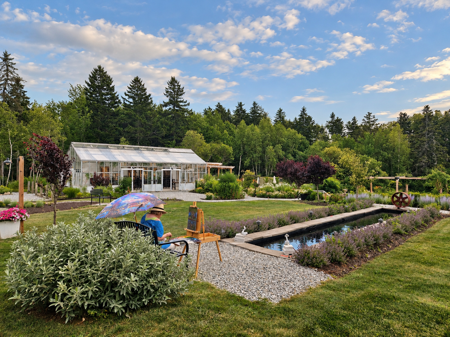 Artist painting beside a landscaped garden pond and greenhouse surrounded by flowering plants and evergreen trees