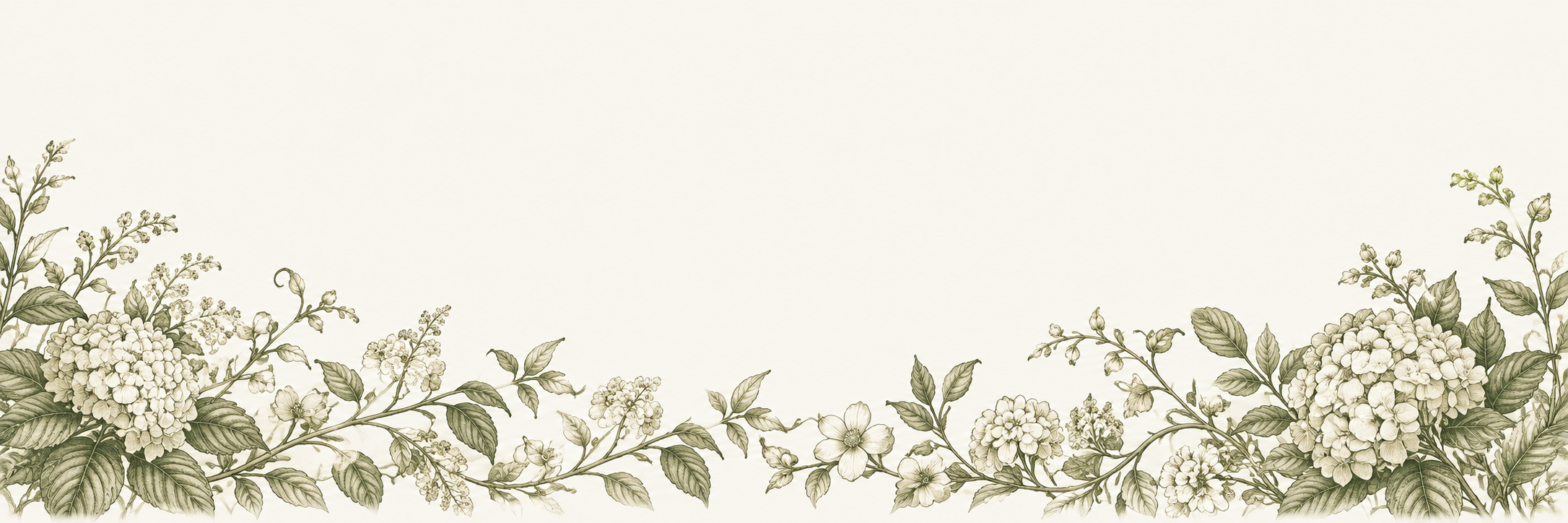Decorative floral border with hydrangea, dogwood, and other blooming branches at the bottom of the image.