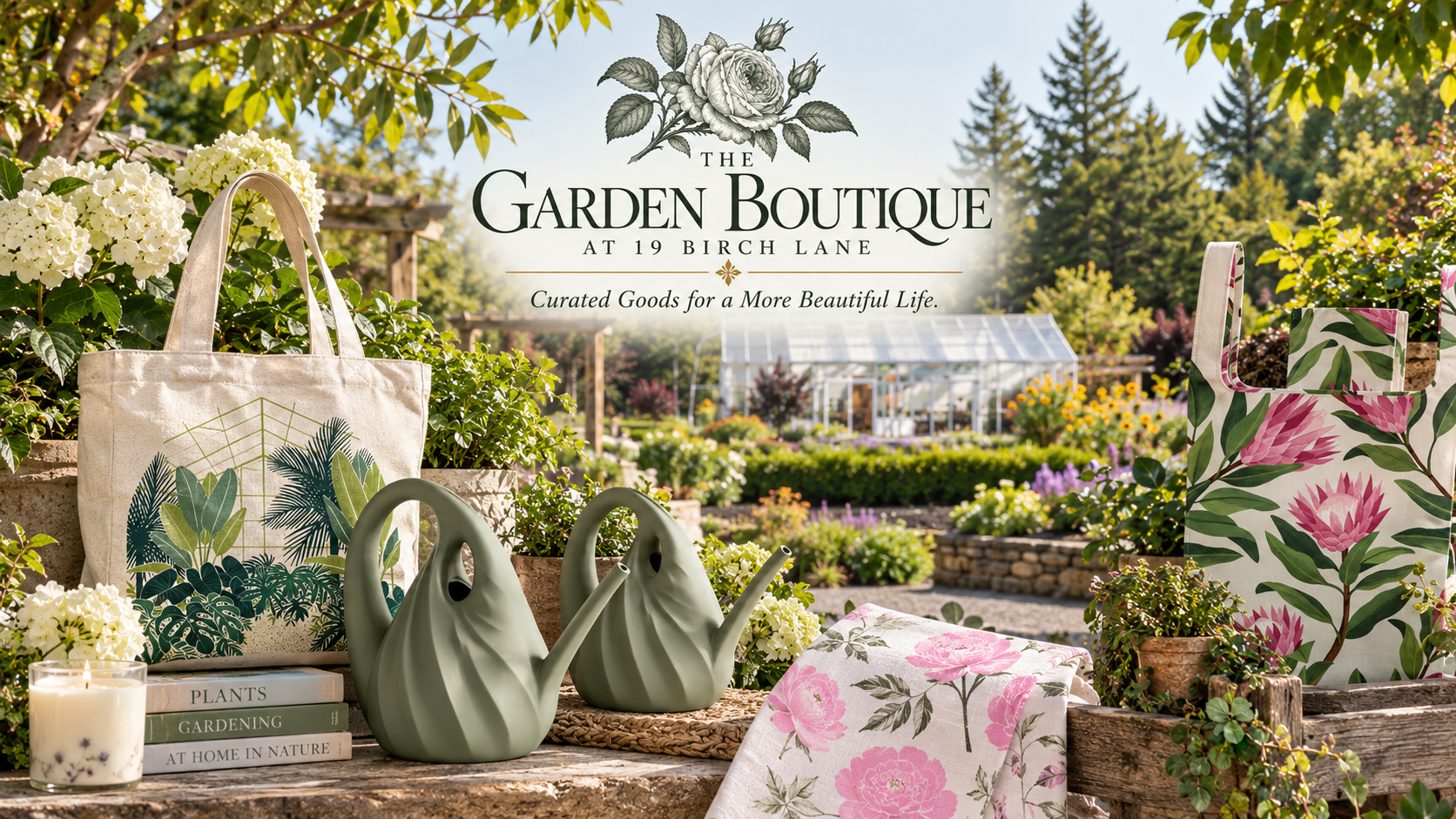 Garden shop display with tote bags, ceramic swan watering cans, gardening books, and floral-patterned cloth, set among potted flowers and greenery at a sunny garden nursery.
