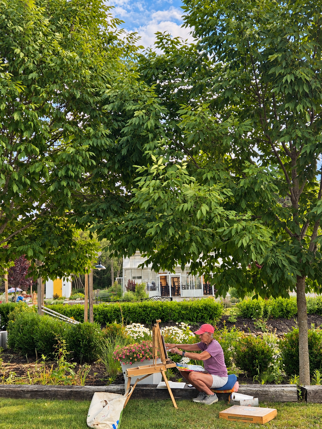 Artist painting flowers in a landscaped garden beneath a large leafy tree.