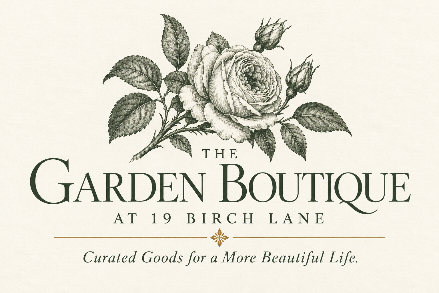 Vintage-style logo for The Garden Boutique at 19 Birch Lane, featuring a detailed black and white illustration of a blooming rose with two buds, and the tagline 'Curated Goods for a More Beautiful Life'.