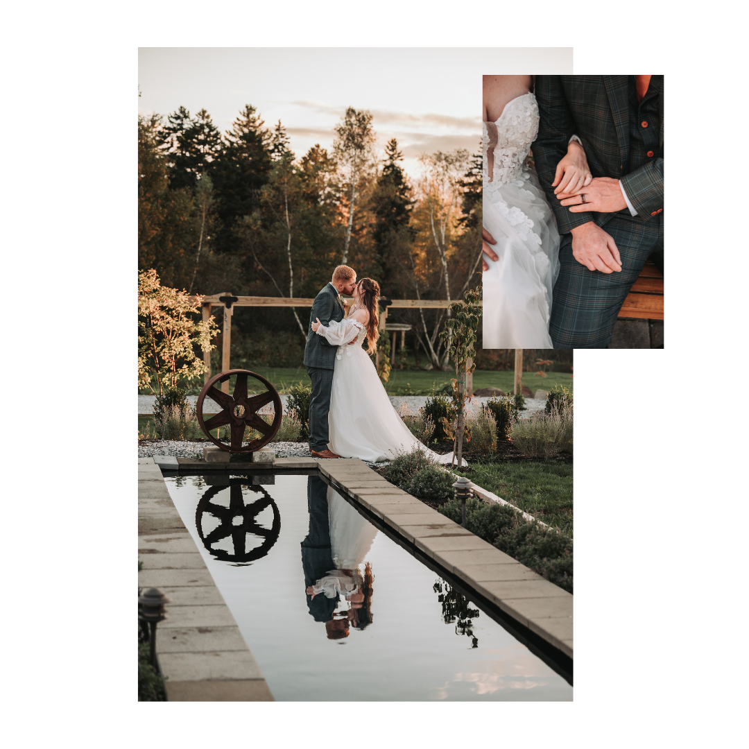 A bride and groom kissing outdoors near a reflective water feature at sunset, with trees and a wooden pergola in the background, and a close-up inset of their hands showing wedding rings.