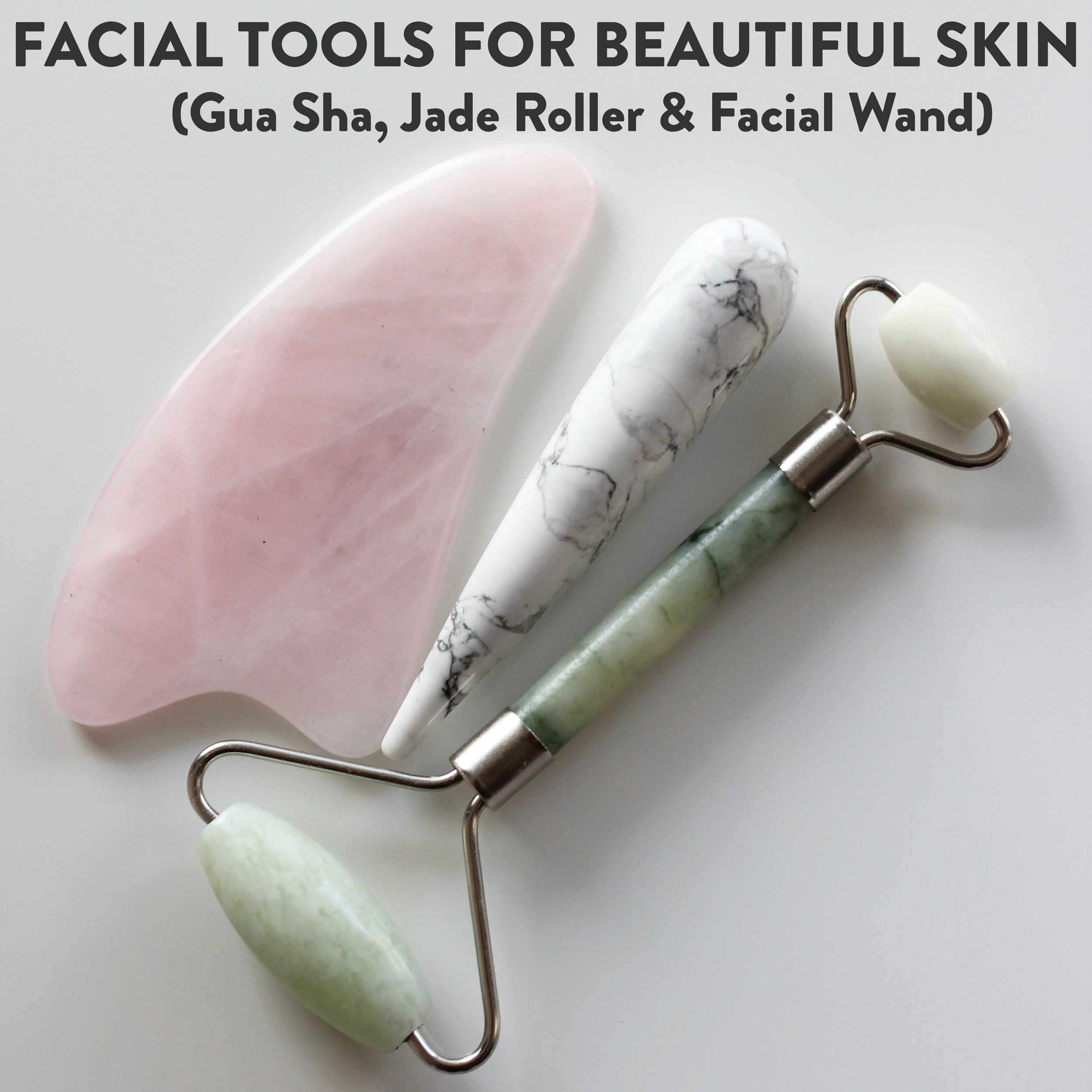 Rose Quartz Gua Sha, Jade Roller, and Facial Wand
