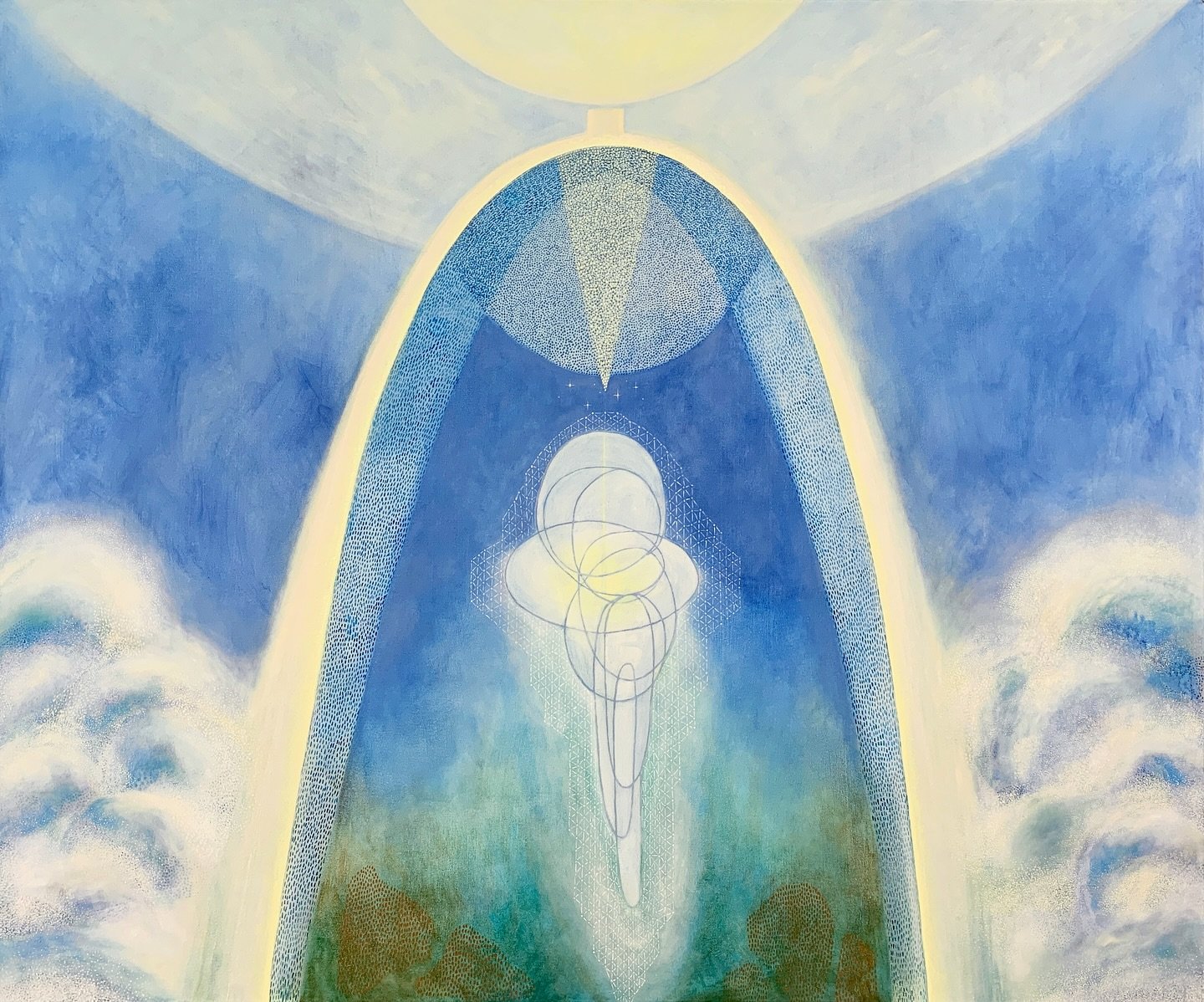 ✨New finished work ✨ &mdash; light of the sun, water particle lattice and a waterfall. This painting glows in person. Connecting to the overflowing life force of the light of the sun. 

#2, Resplendent Waters 
Oil on Canvas
40&rdquo; x 48&rdquo;