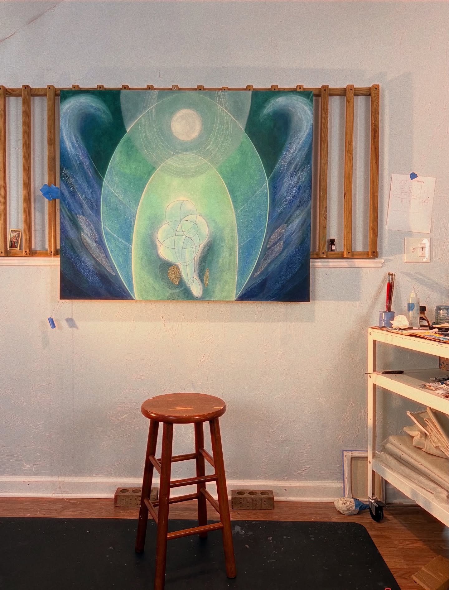 In the studio reworking this piece (#4). It&rsquo;s the first one I made in the Resplendent Waters series and it always felt a little behind the others. Now I&rsquo;m here elevating and refining the painted ideas. It&rsquo;s a challenge to rework som