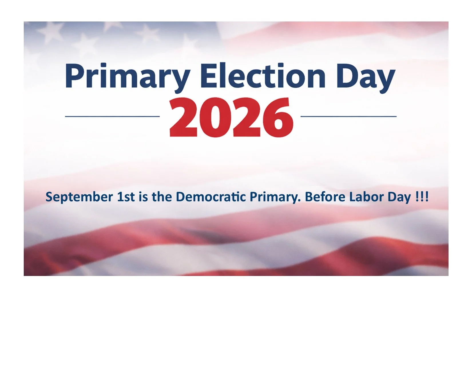      

 
   2026 has our Massachusetts Democratic Primary before Labor Day.  We need everyone to help us elect Democrats on this ballot, at the local, county, state, and national levels.  Help Get out the Vote. Early voting starts on August 20th.   P