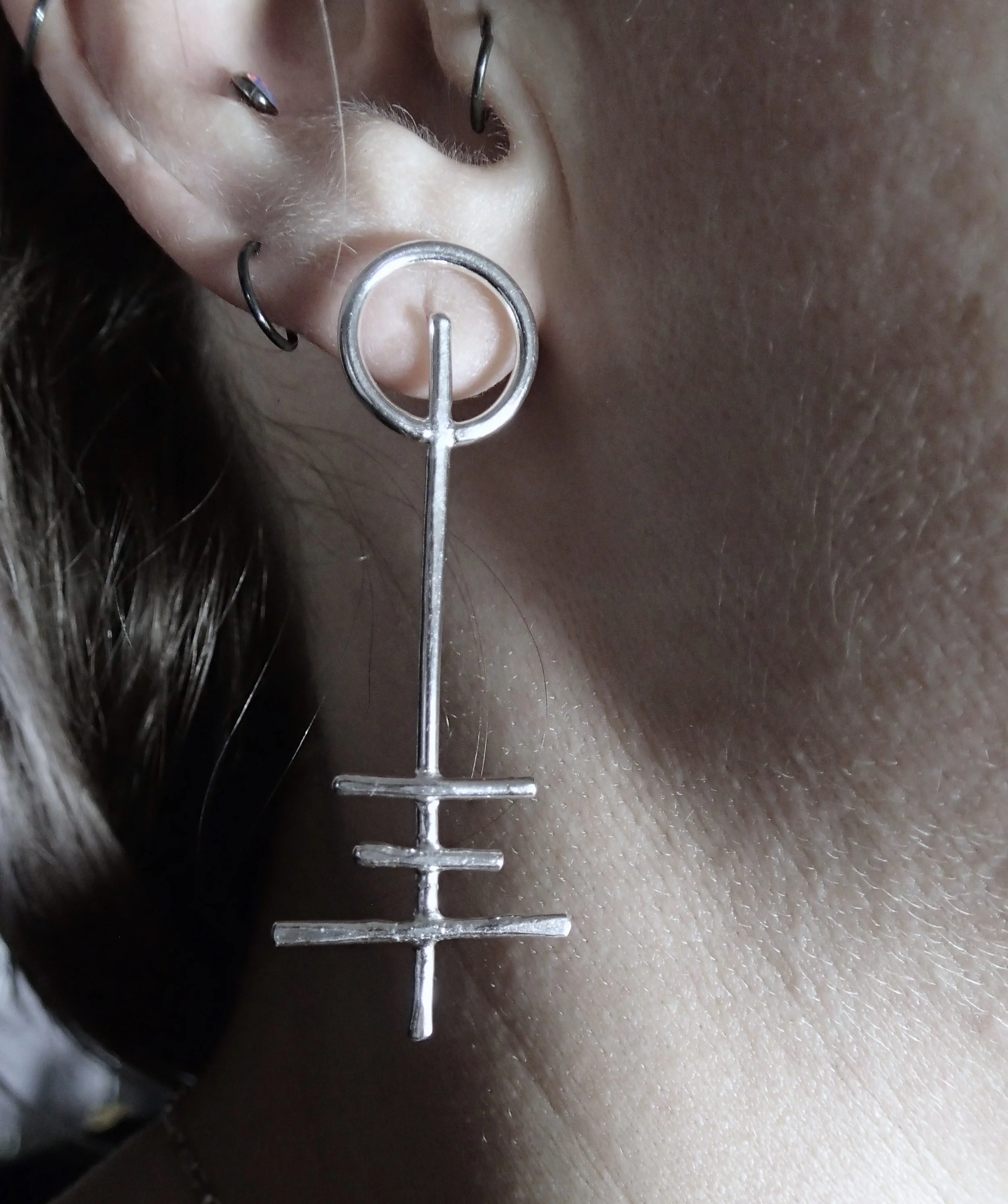 Fused Key Earring long WORN 1.JPG