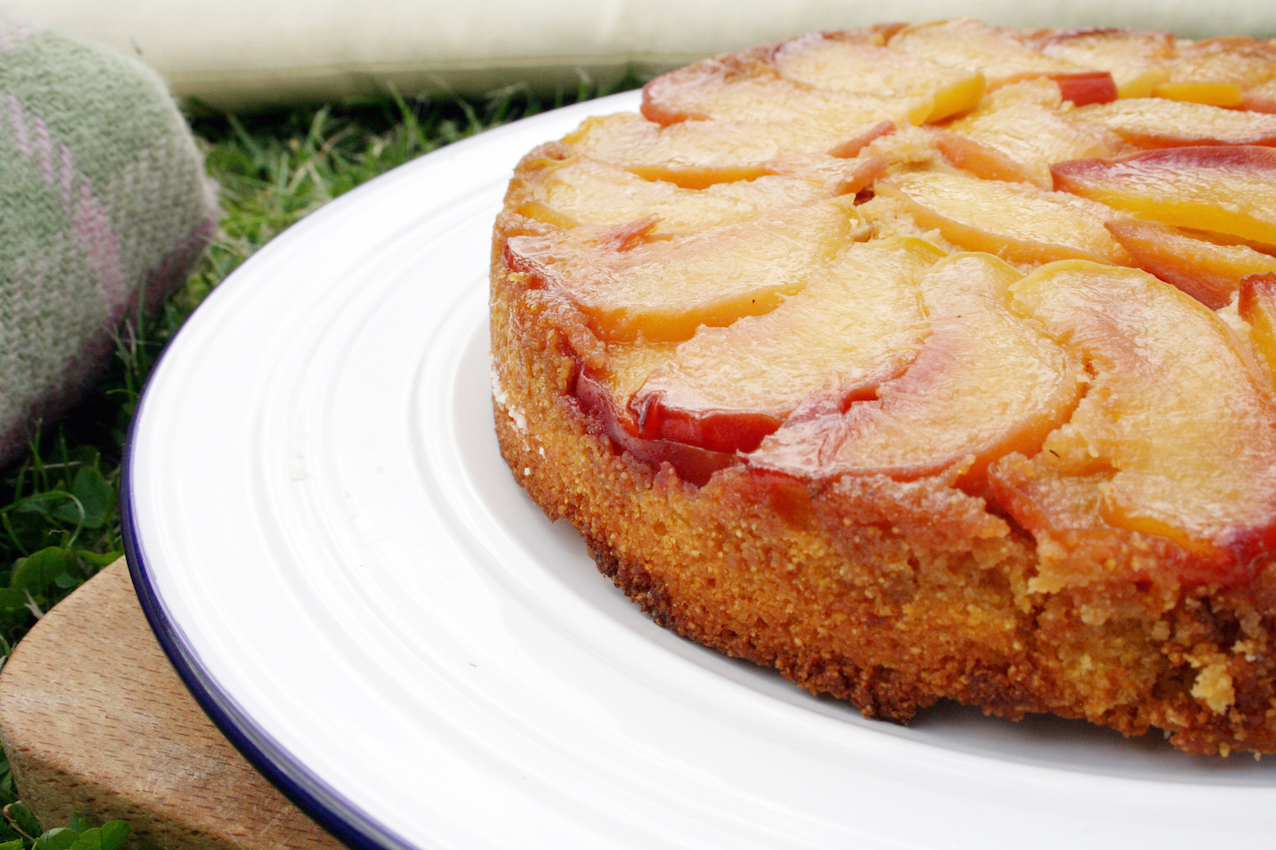 Early Bird Farm Peach Polenta Upside Down Cake