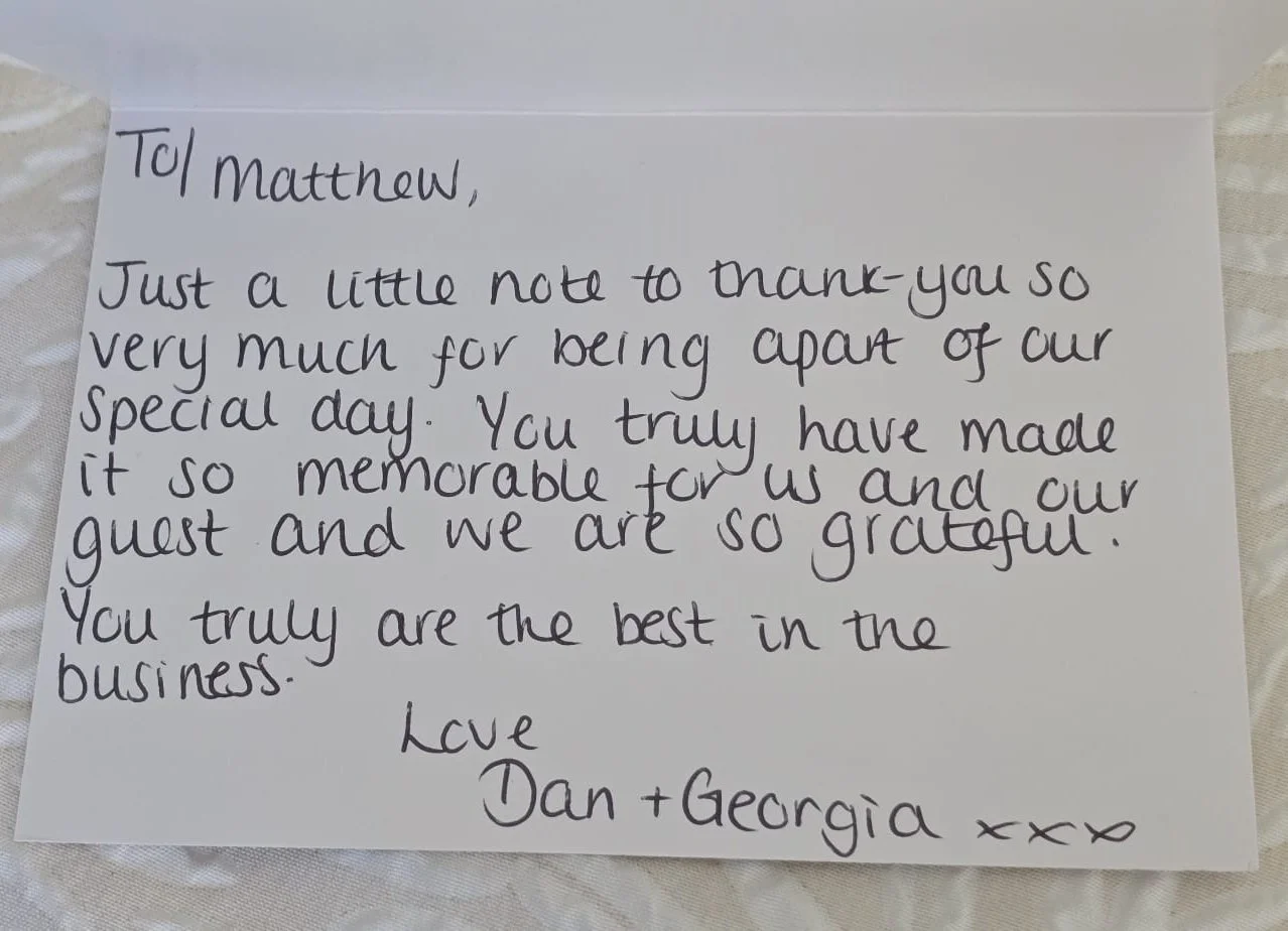 Handwritten wedding thank you message from Dan and Georgia after their Moxhull Hall wedding