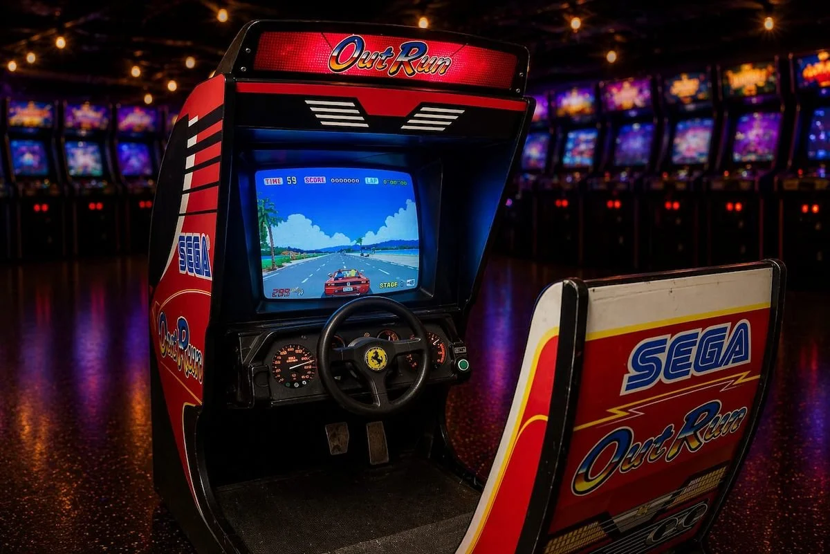 OutRun motion arcade cabinet hire – moving retro driving arcade machine for events, parties and corporate hire