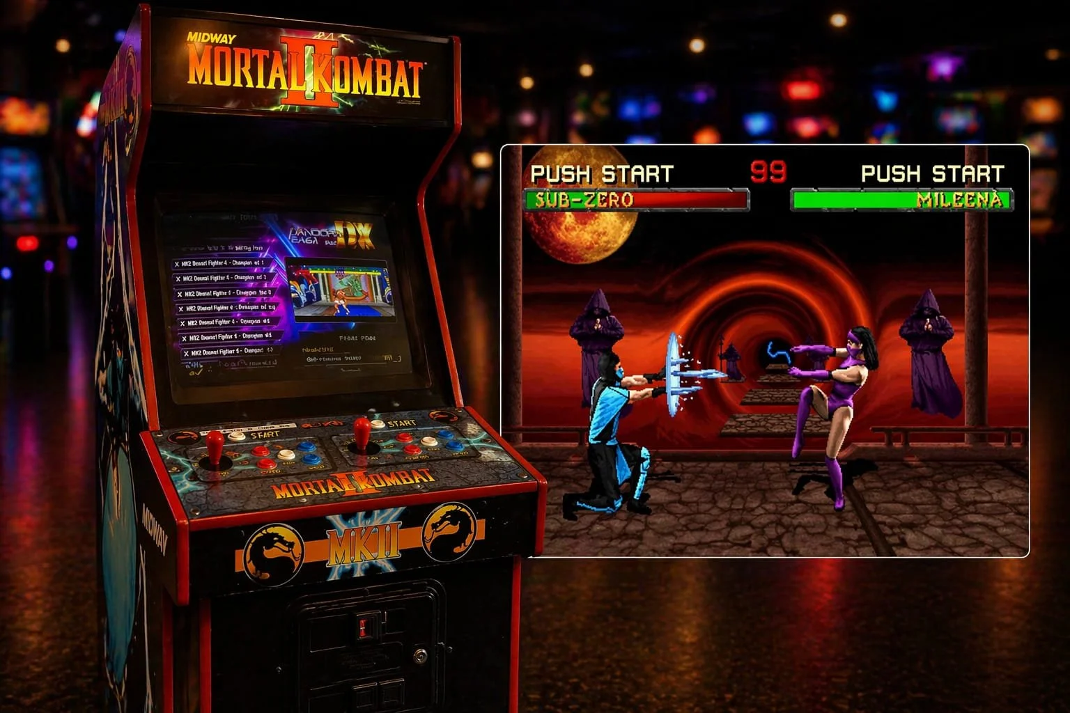 Mortal Kombat 2 arcade machine by Midway for hire, classic retro fighting game for events and parties
