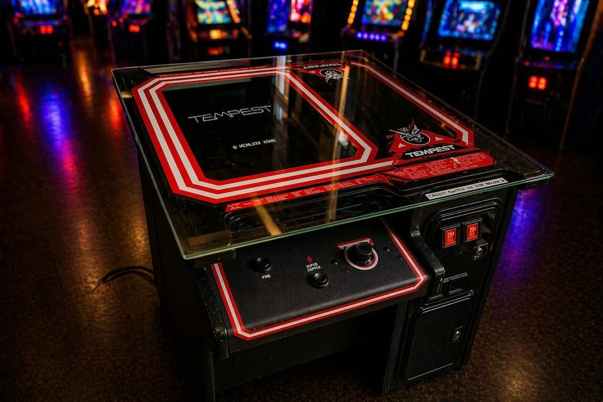 Tempest cocktail table arcade machine for hire, classic retro Atari arcade game for events and parties