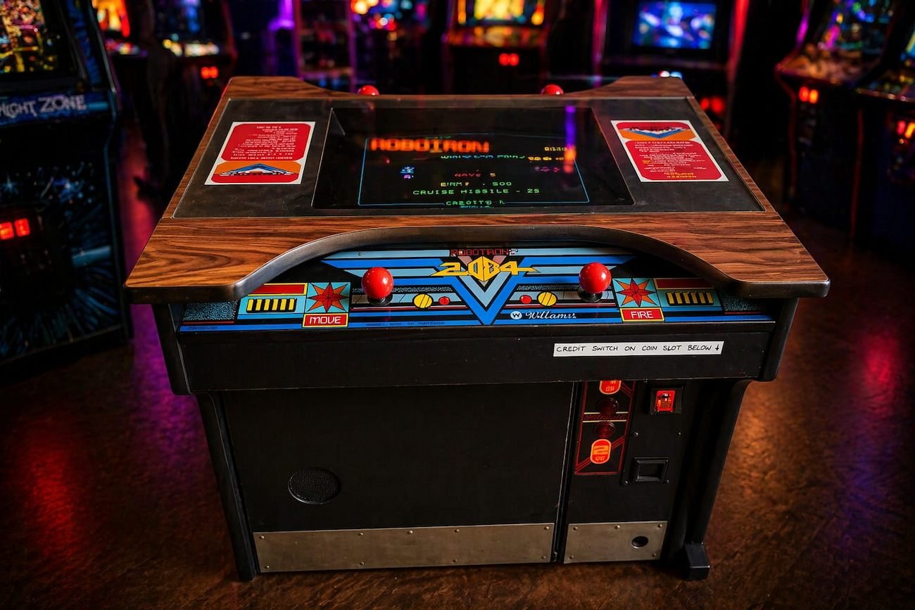 Robotron cocktail table arcade machine by Williams for hire, classic retro arcade game for events and parties