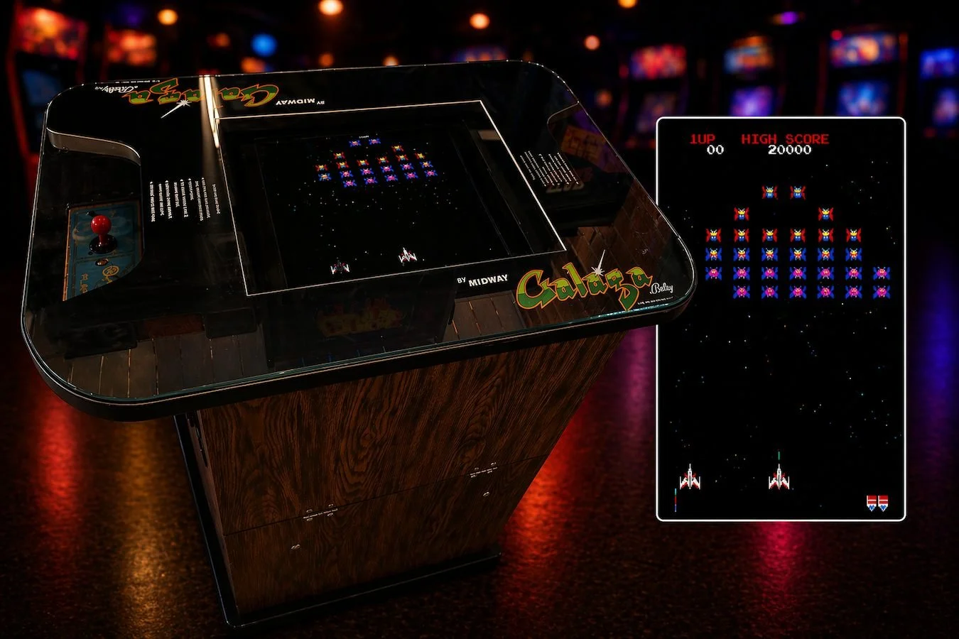 Galaga cocktail table arcade machine by Midway for hire, classic retro space shooter for events and parties