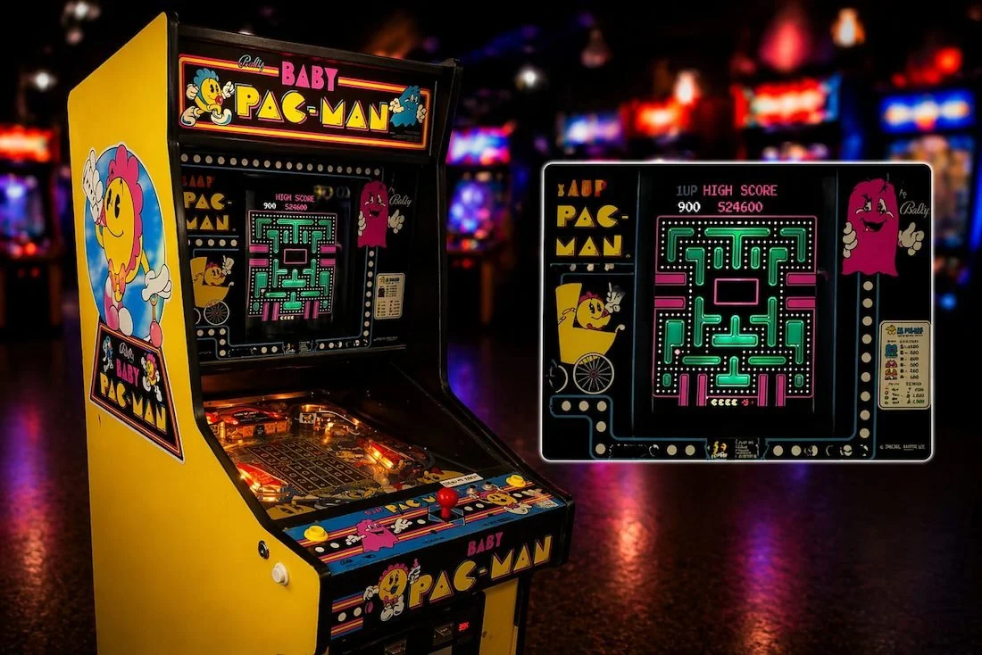Baby Pac-Man arcade machine for hire, classic hybrid pinball arcade game for events and parties