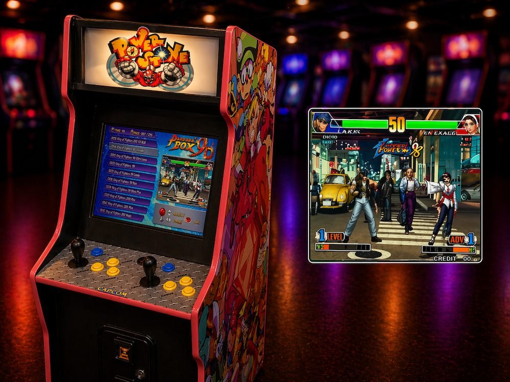 Powerstone themed kids arcade cabinet for hire, multigame arcade machine with Pandora Box for events and parties