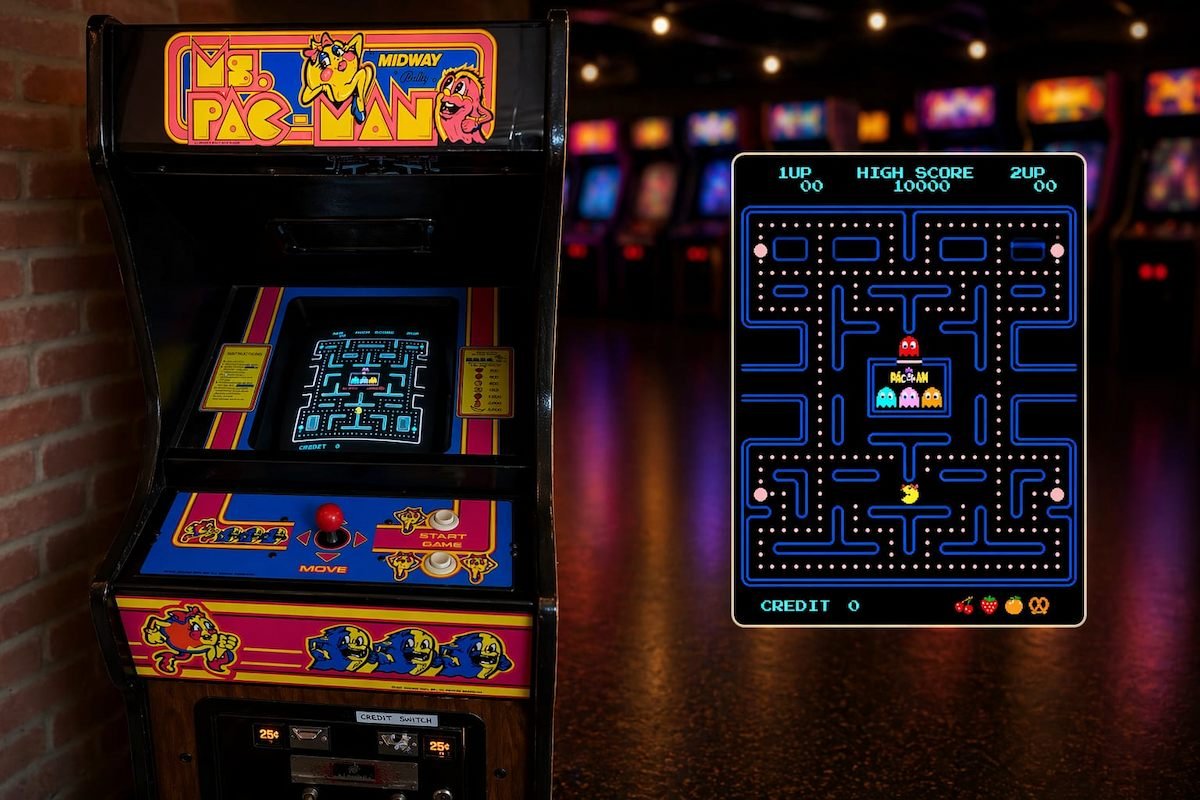 Ms Pac-Man cabaret arcade machine hire UK – classic retro arcade game for parties, events and corporate hire