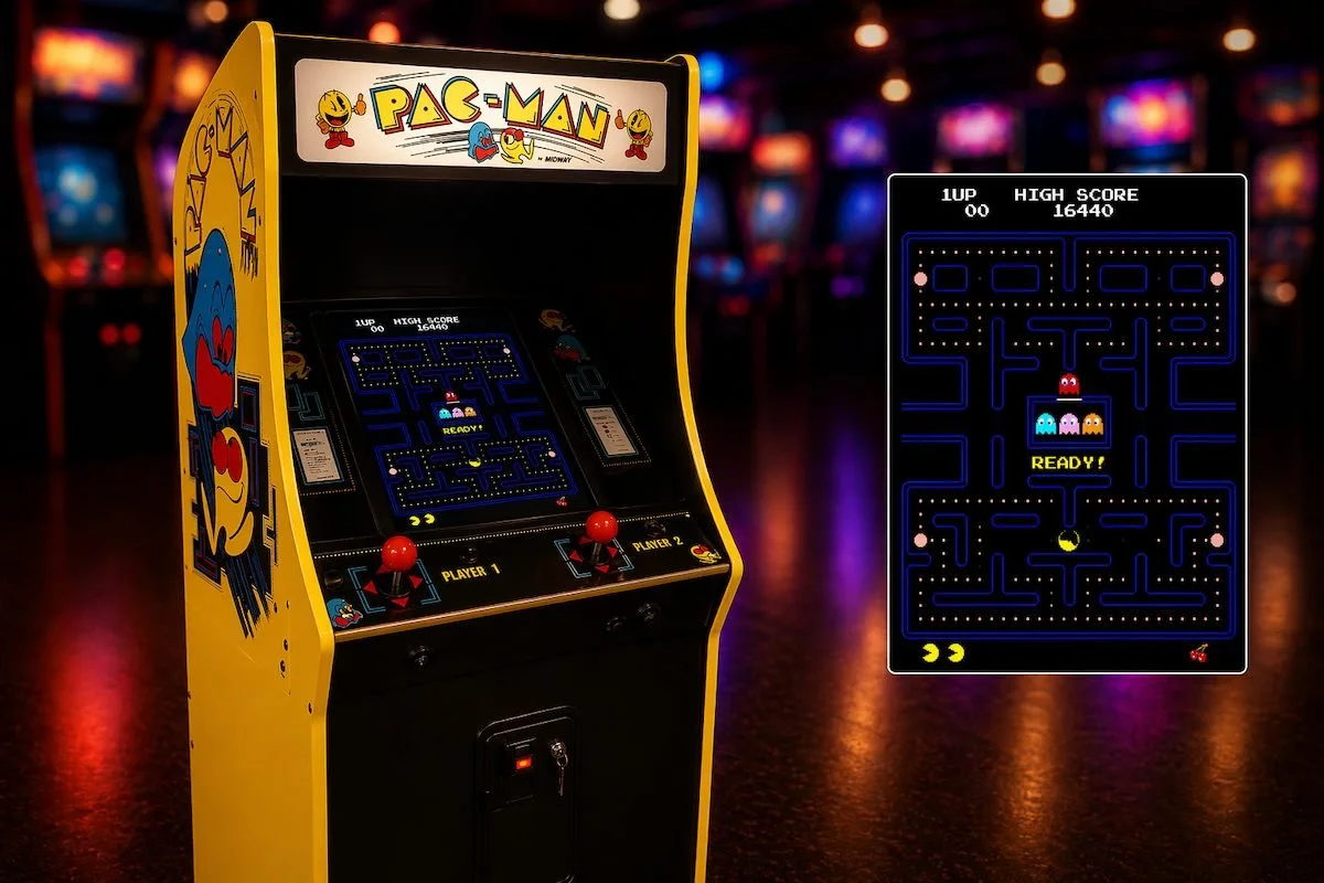 Pac-Man style arcade machine for hire, vertical multigame retro arcade cabinet for events and parties
