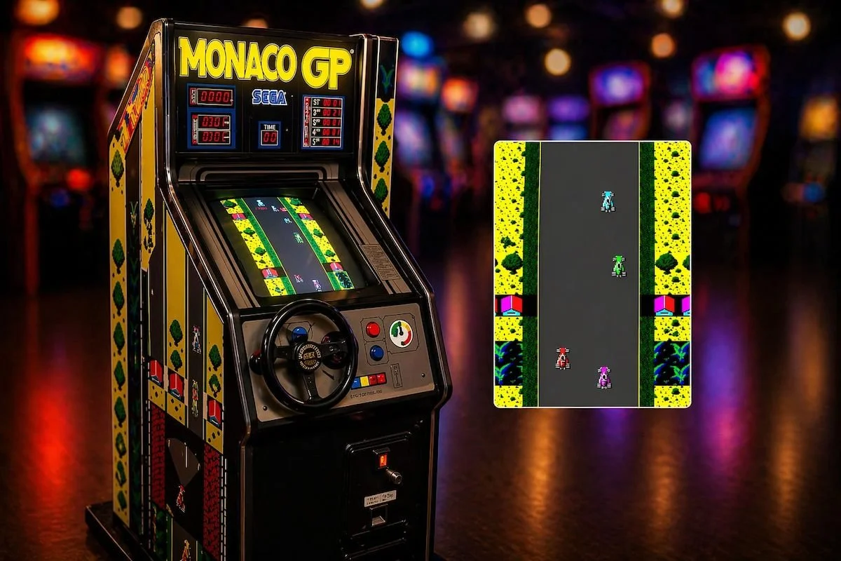1979 Monaco GP arcade machine by Sega for hire, classic retro racing arcade game for events and parties