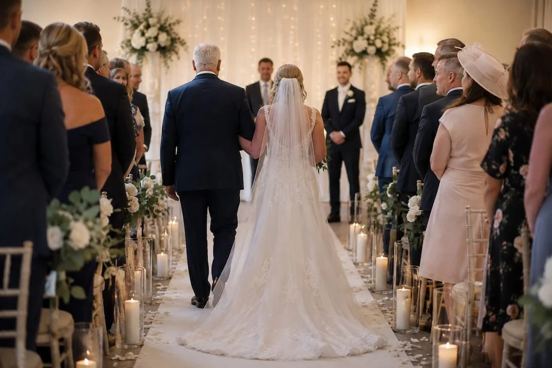 Bride walking down the aisle during a beautiful wedding ceremony, highlighting the importance of choosing meaningful ceremony music to create an unforgettable atmosphere.