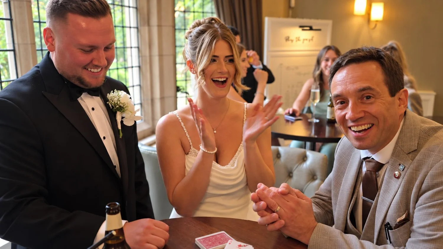 Bride and groom reacting to Matthew Garrett's close-up magic at Moxhull Hall