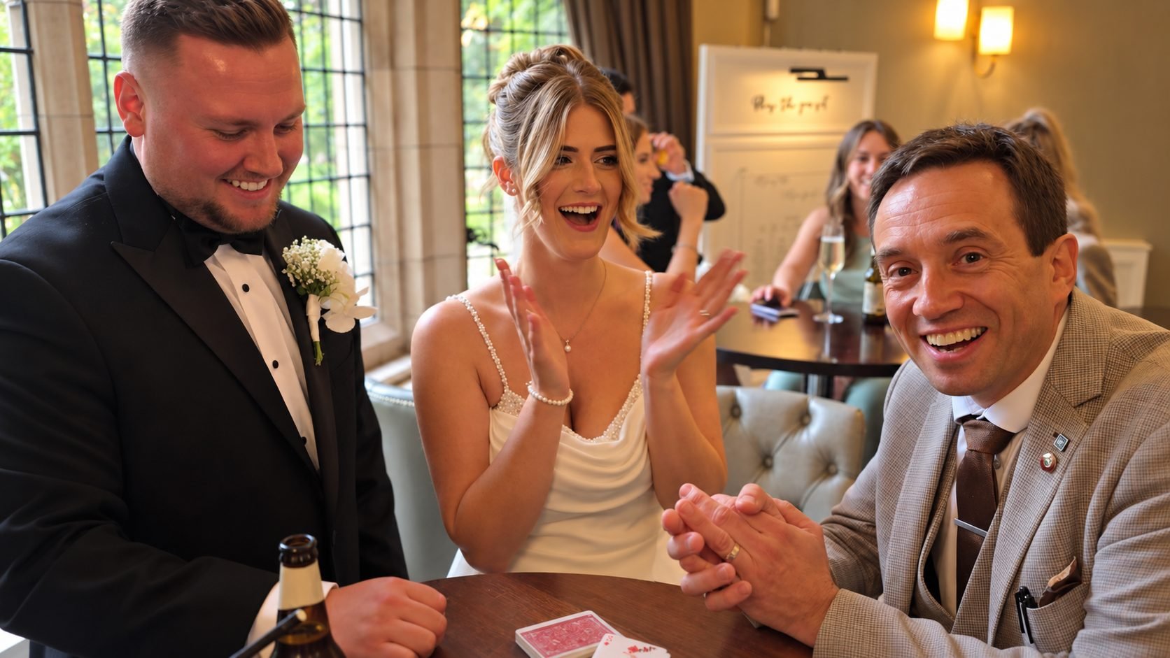 Bride and groom reacting to Matthew Garrett performing close-up wedding magic