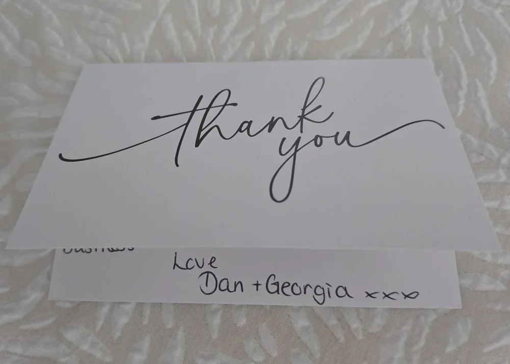 Thank you card from Dan and Georgia following their Moxhull Hall wedding
