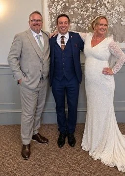 Matthew Garrett with bride Liz and groom Andy at their Dovecliff Hall wedding