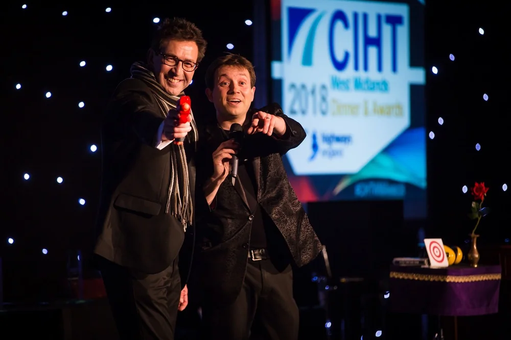 Matthew Garrett performing a stage magic show at the CIHT Awards at the Macdonald Burlington Hotel in Birmingham