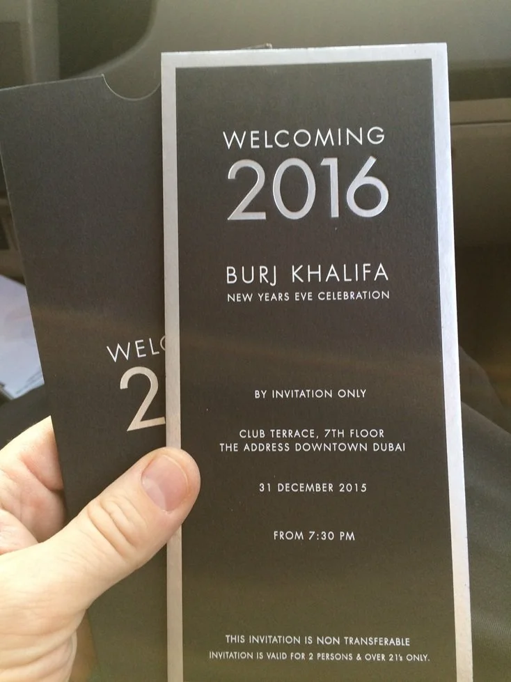 Invitation to the Burj Khalifa New Year's Eve celebration at The Address Downtown Dubai