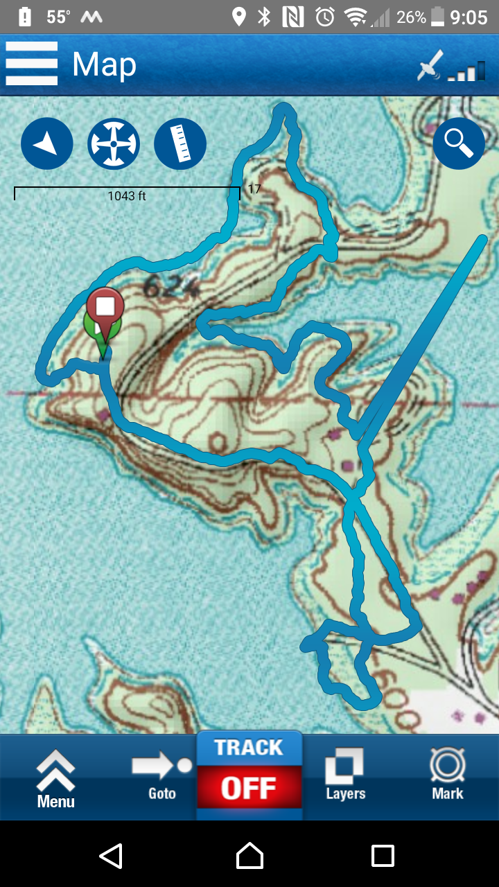 03/04/17 - Brady Mountain Resort: Not really a big trail, but a good walk at Brady Mountain Resort . It was about two miles, if you exclude the weird spike that implies we walked across the water and back. We started at the overlook and went down the stairs to the shore. We then walked around the shore and back up to the main road. We crossed the road and started on the trail that follows the shore around to the camp site pavilion. From there, we walked to the beach, boat ramp, and then followed the road back to the vista area. We have added a couple of pictures of our journey to the Media page!