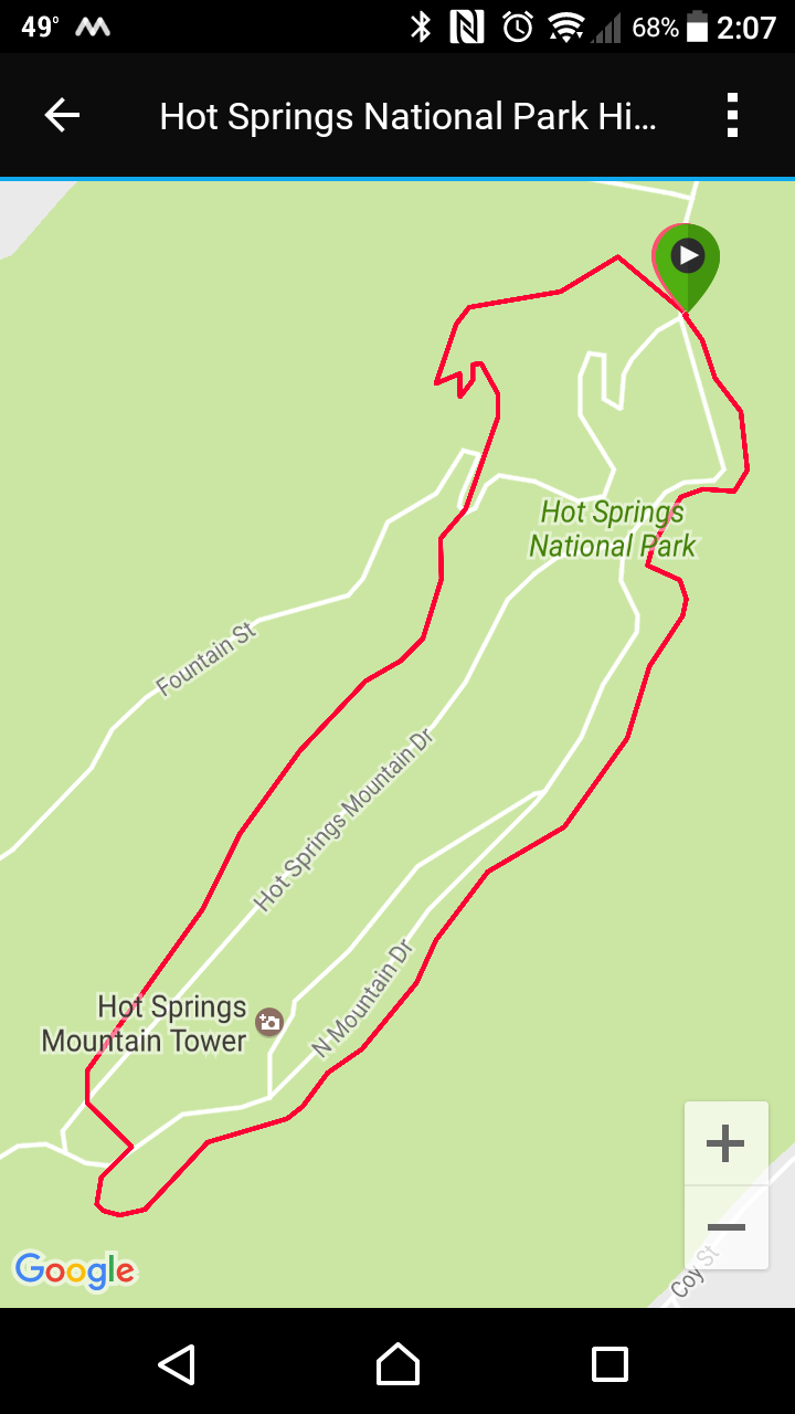 03/12/17 - Hot Springs Mountain Loop: We decided to keep it close to town today. This is a very nice and easy trail. It had some nice views and was an overall good and relaxing 1.7 mile walk. You can download a PDF of this and other trails around the mountain and downtown Hot Springs here . We will very likely hit these trails later!