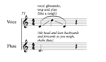 Example 8. Bar 71 of Zoo, horse neighing through singing and playing a glissando and acting. © Copyright 2017 by Nina Shekhar. Used with permission.