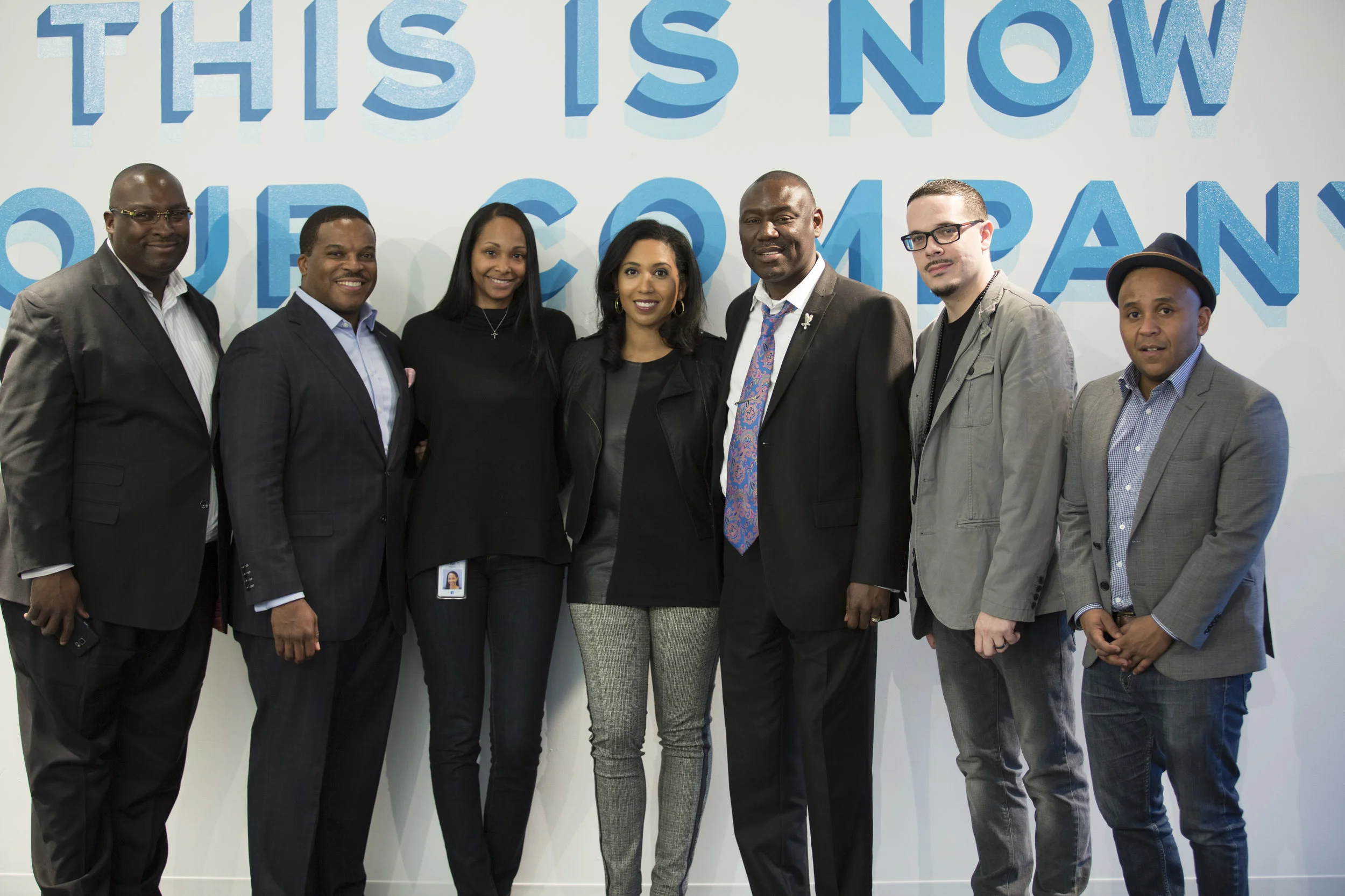 Facebook Black History Month panel, "Black Lives Matter 2," organized by Bari, and sponsored by Black@, Facebook's Black employee resource group. Panelists include (left to right): Daryl Parks, Esq., Eric L. Welch Guster, Esq., Bari, Prof. Leah Wright Rigueur, Benjamin Crump, Esq., Shaun King, and Rashad Robinson. Photo Credit: Netta Conyers-Haynes