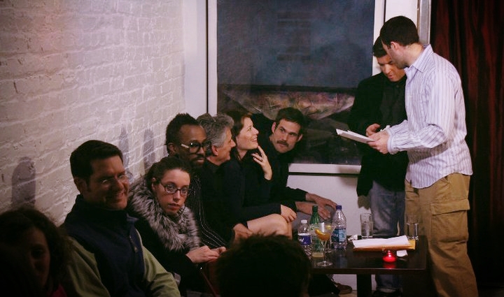   Story League 's 1st show! At Black Fox Lounge in DC. L-R, Amy S, Jeffrey B, Natalie I, Sheldon S, Jon A, Kelly T, JT B, me, Adam R. Photo by Dan Foster 