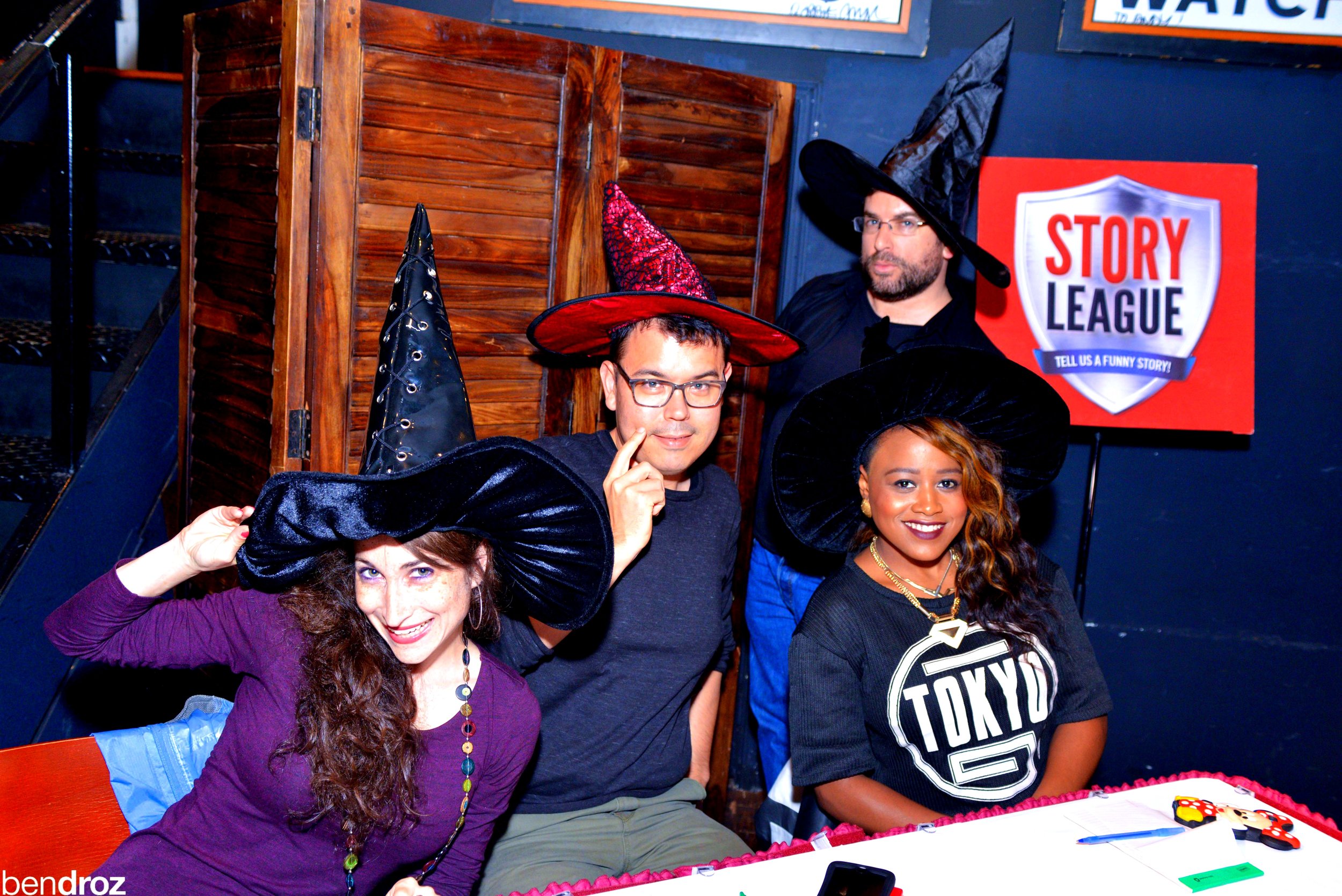  Judges' Table at Story League: Terrifying contest at Busboys and Poets 14/V DC. L-R:  Erika , John, me, Paris (Photo:  Ben Droz ) 