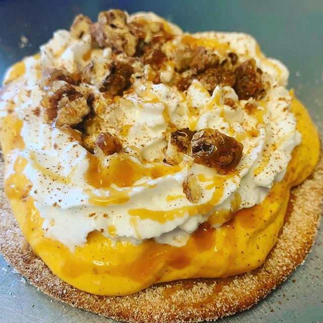 Mmm. Pumpkin Pie Tostada 🎃 🥧 
Cinnamon sugar fried corn tortilla topped w/ pumpkin puree, whipped cream &amp; candied pecans! 🤤