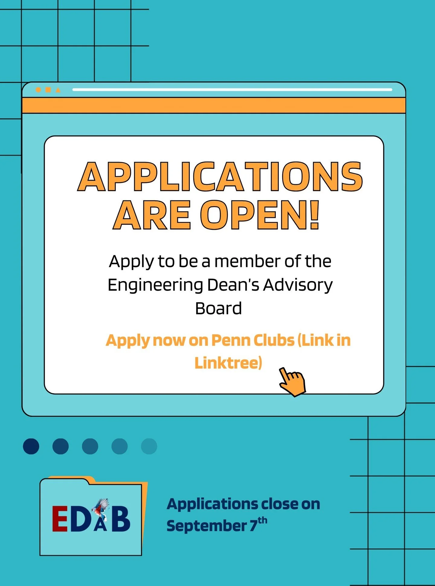 Applications are now open! Apply on Penn Clubs to get the chance to join EDAB.
Deadline: September 7th, 12:00 AM 
Link in Linktree!