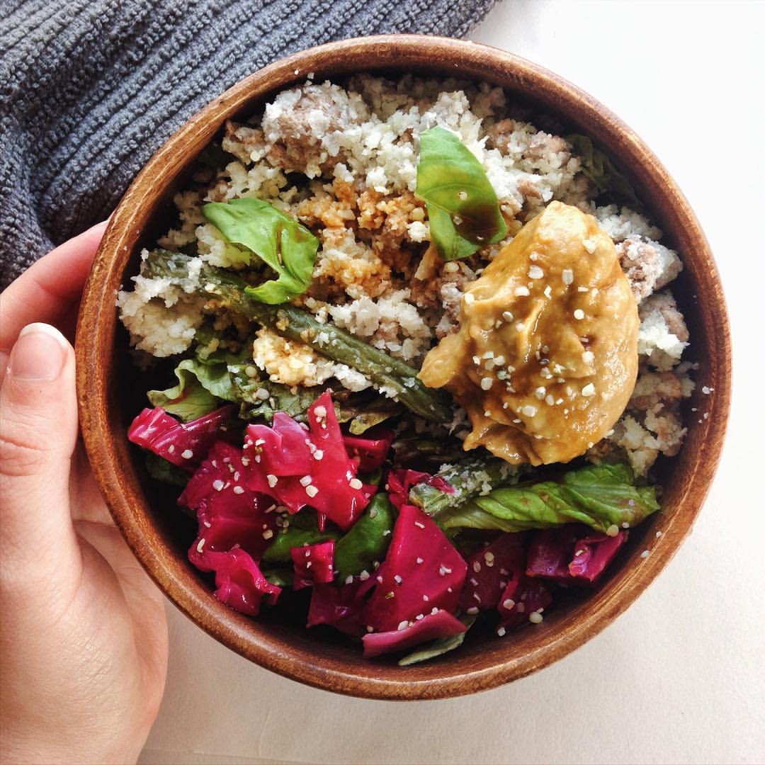 Coconut Cauliflower Lamb Bowl with Chili Garlic Avocado Sauce   