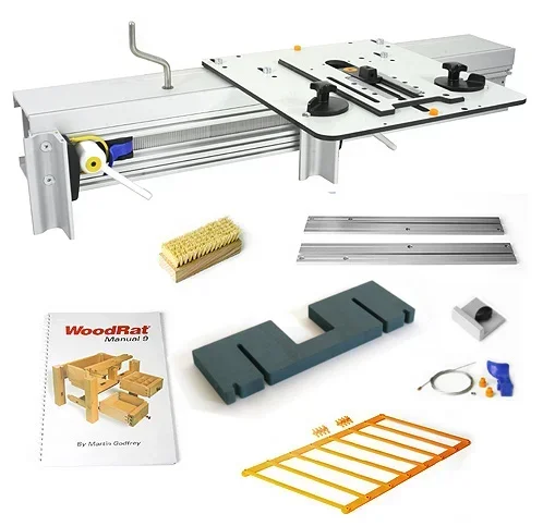 WoodRat WR900 router joinery machine with aluminium guide rails, raising plate, manual and included accessories