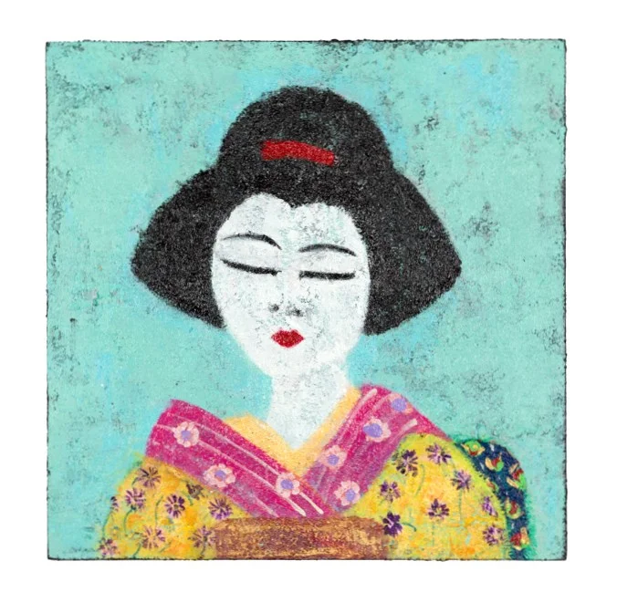 Geisha in Yellow Kimono, 2015 8"x8" Acrylic, Molding Paste on Cradled Wood Panel $130