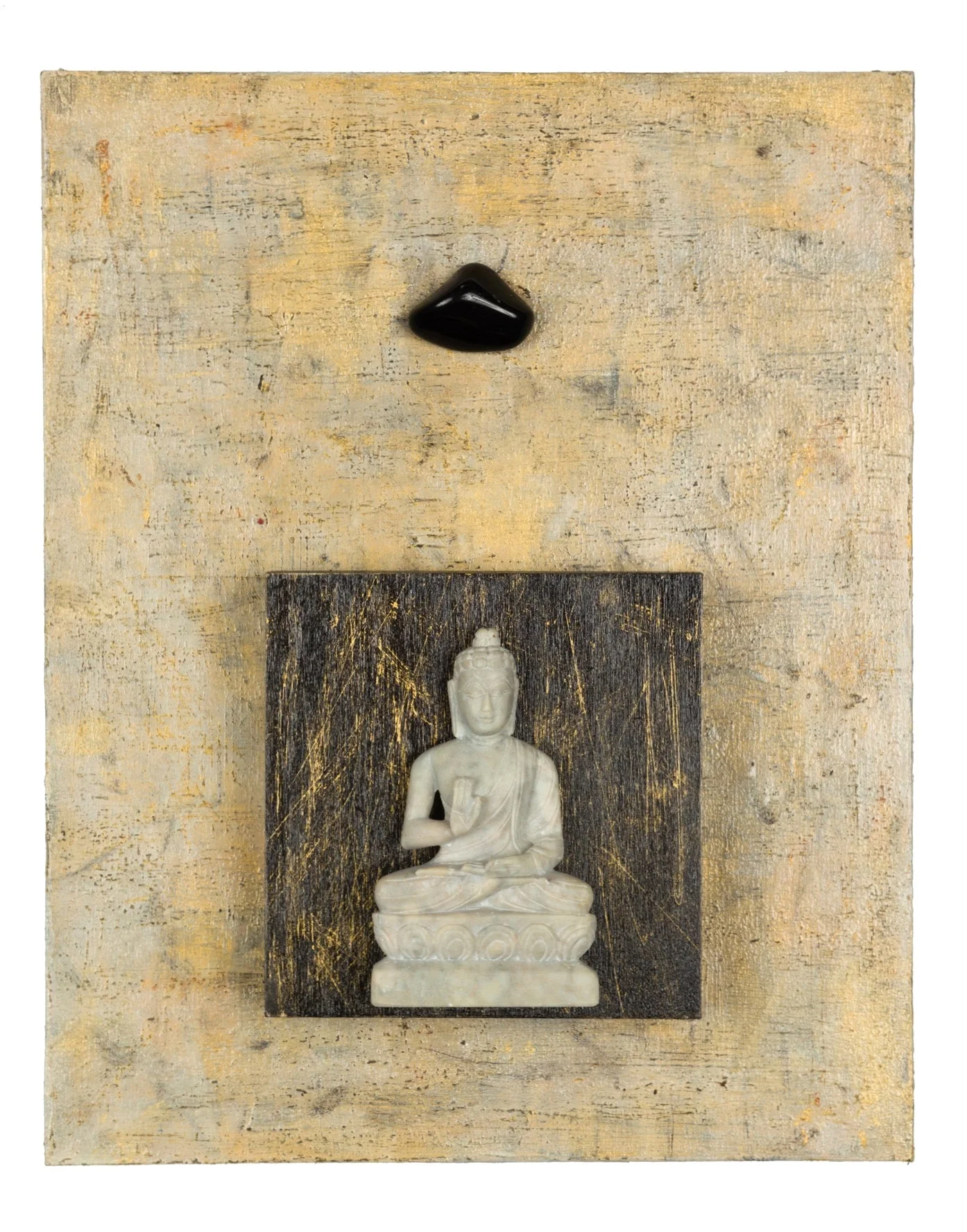 Enough, No More Negativity, 2015 Buddha with Obsidian acrylic, mixed media, on cradled wood panels, 8"x10" Obsidian is a very protective stone, forming a shield against negativity and negative energy. It also is grounding and healing. SOLD
