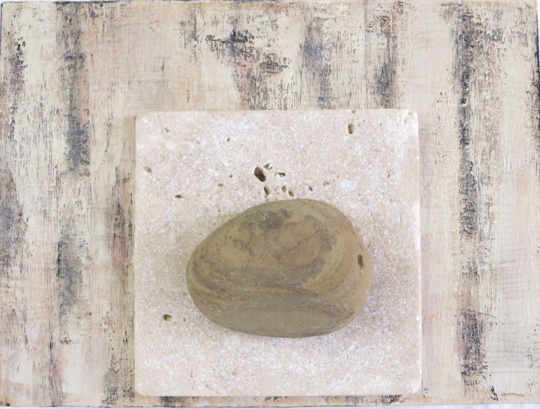 Wood, Recycled Stone Tile and a Costa Rican Sand Rock, 2016 Acrylic on 8" x 6" on cradled wood panel SOLD