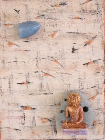 External Chaos, Internal Calm, 2017 Buddha with Blue Lace Agate, Acrylic, resin Buddha, Costa Rican sand stone on 6" x 8" cradled wood panel