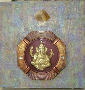 Deities: Ganesha with Citrine, 2017 Acyrlic, recycled Ganesha, glitter, on 8" x 8" cradled wood panel