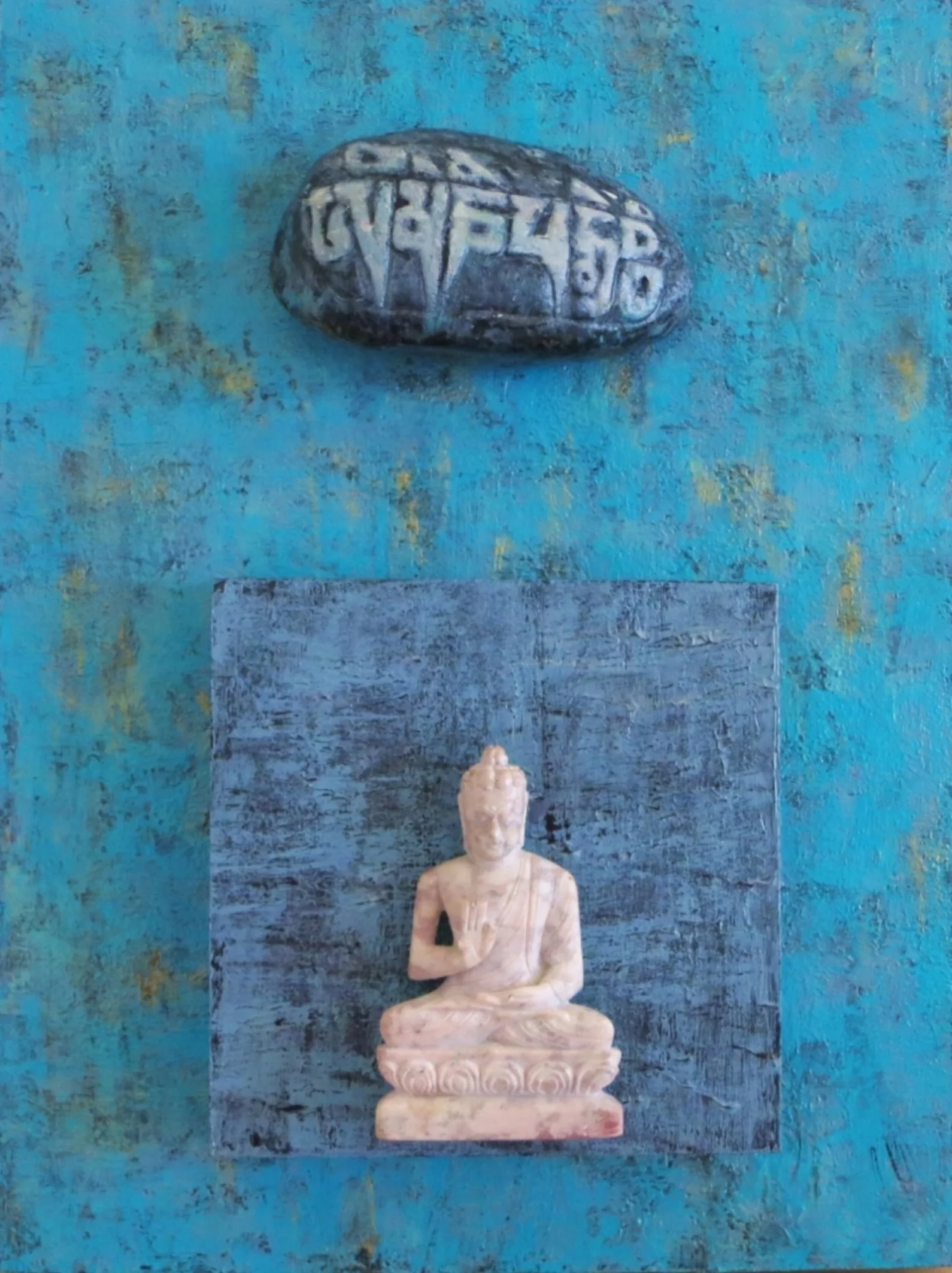 " Even Buddha Gets The Blues with Om Mani Padme Hum 9" x 12" cradled wood panel © Marilyn Grad 2018