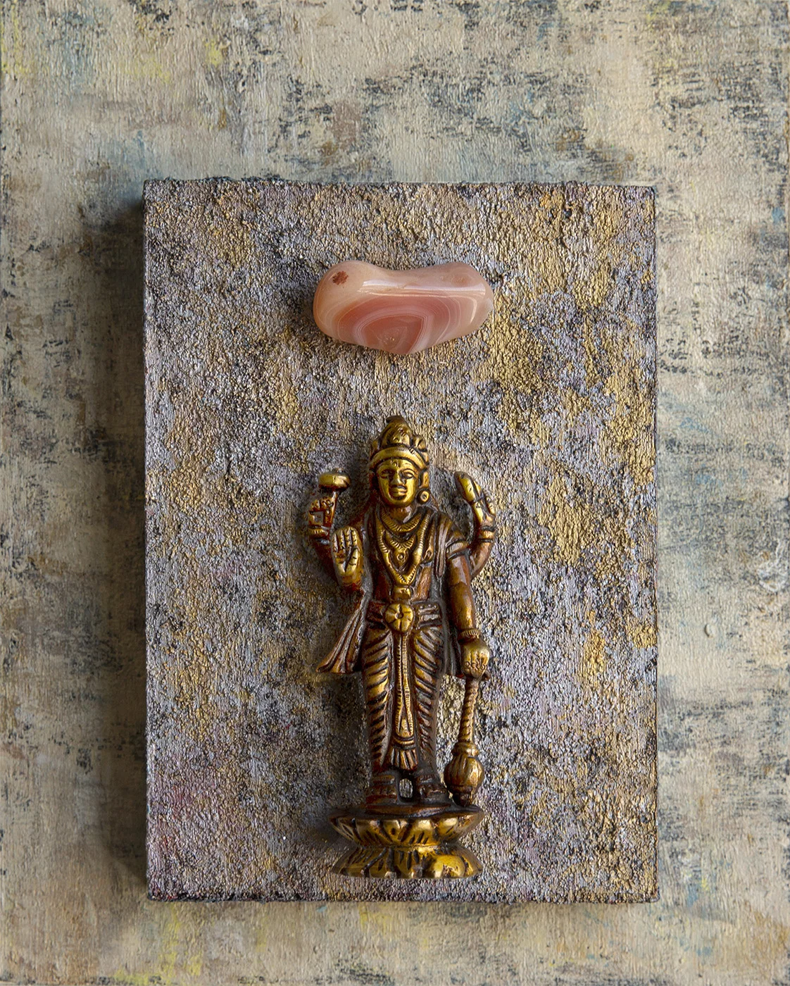 “Good Fortune, Positive Choices,” Lakshmi with Carnelian, 2018 Acrylic, mixed media on cradled wood panels , 8” x 10” x 1.5” Lakshmi is the HIndu deity of beauty, luxury and wealth, both material and spiritual. Carnelian motivates for success, stimulates creativity, and helps trusting yourself and your perceptions. © Marilyn Grad 2018